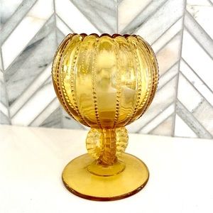 Vintage LG Wright Glass Beaded Amber Ivy Bowl, Pressed Honey Gold Glass Vase